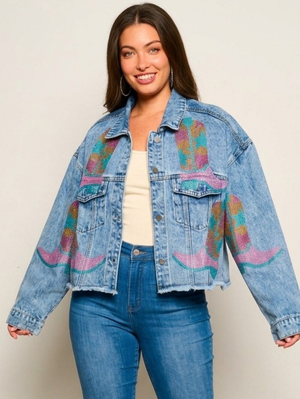 PEACH LOVE CALIFORNIA Oversized Denim Jacket Sequin Cowboy Boots - Picture 11 of 12